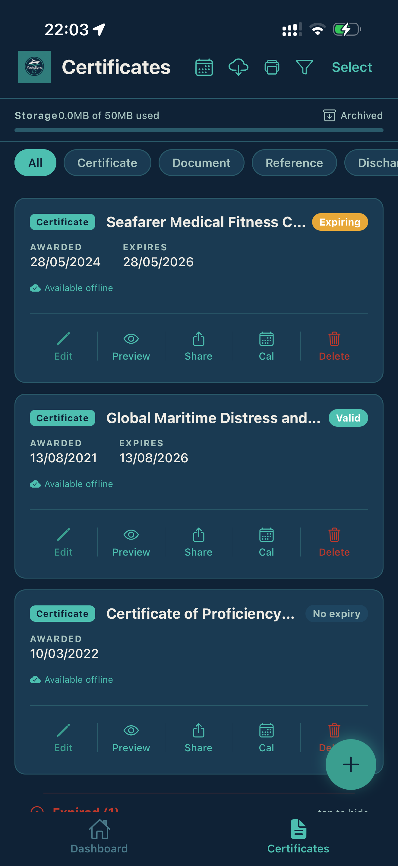 YachtSync certificates list — share in one tap