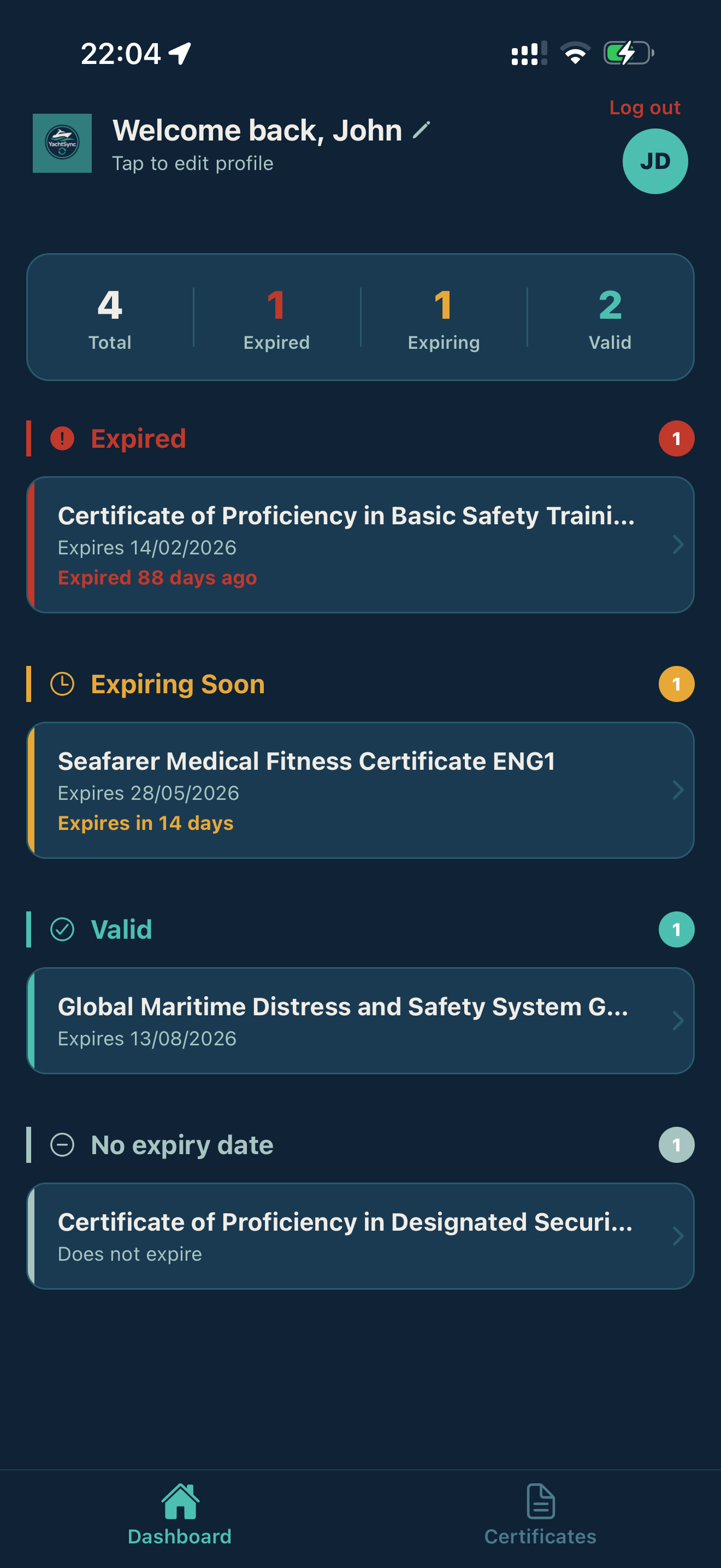 YachtSync dashboard — colour-coded certificate status