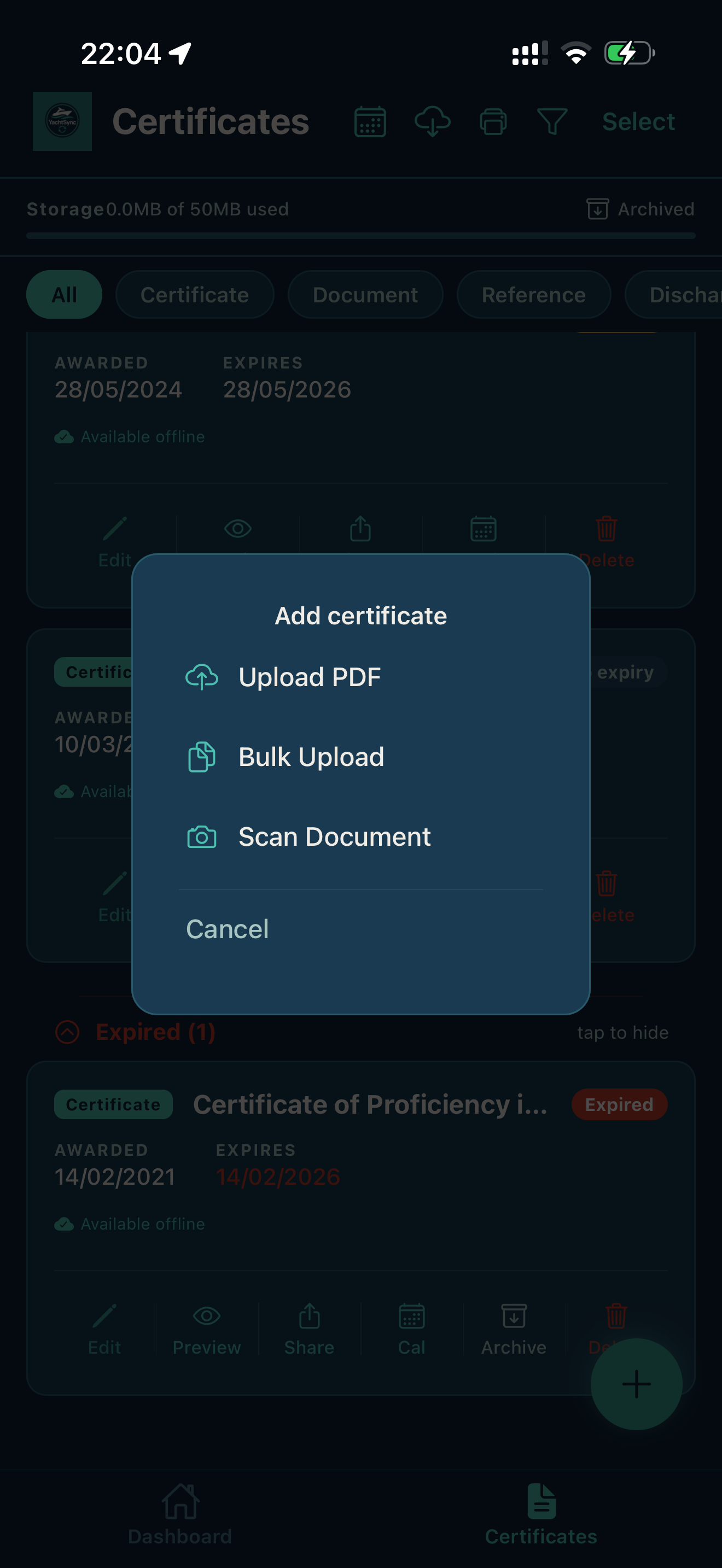 YachtSync — add certificate via scan, upload or bulk import