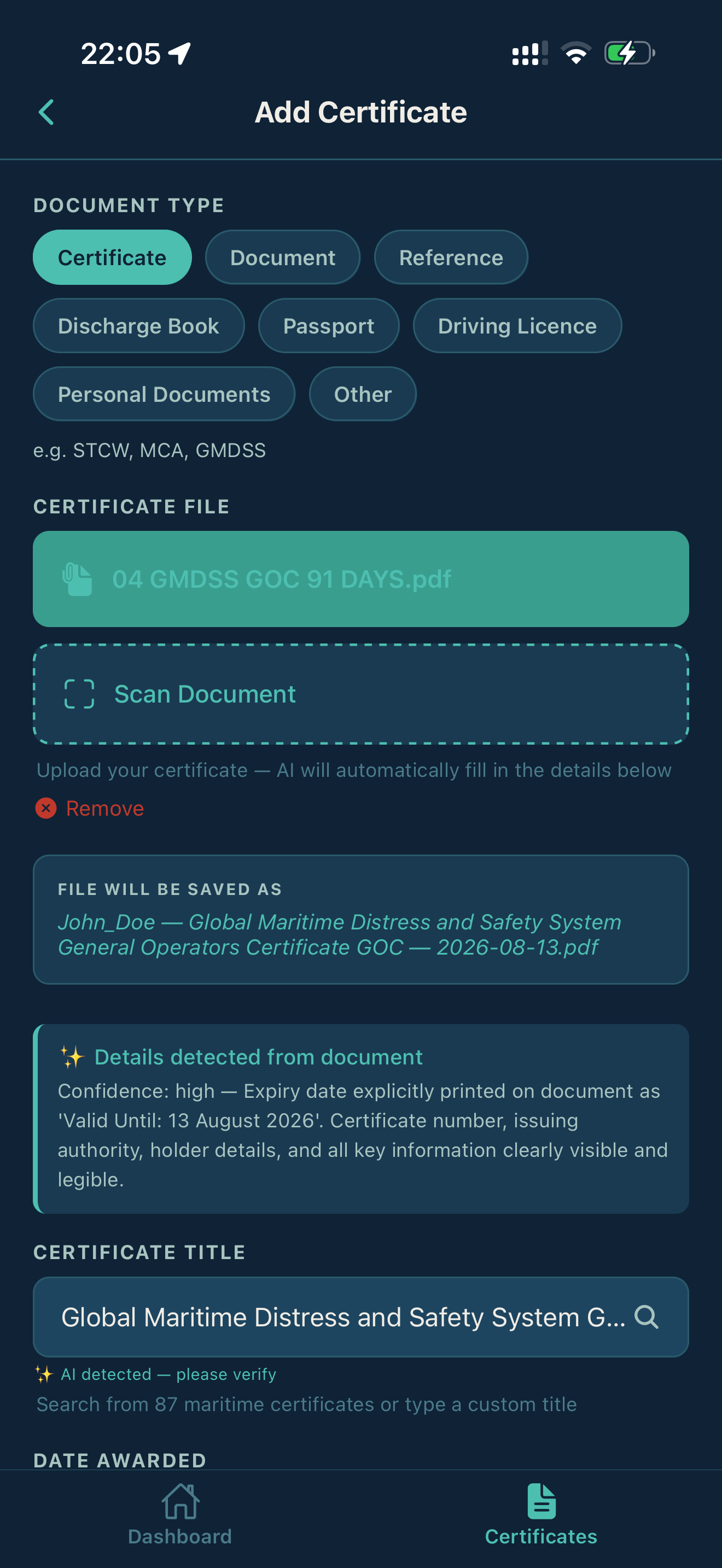 YachtSync naming — auto-generated filename shown before saving