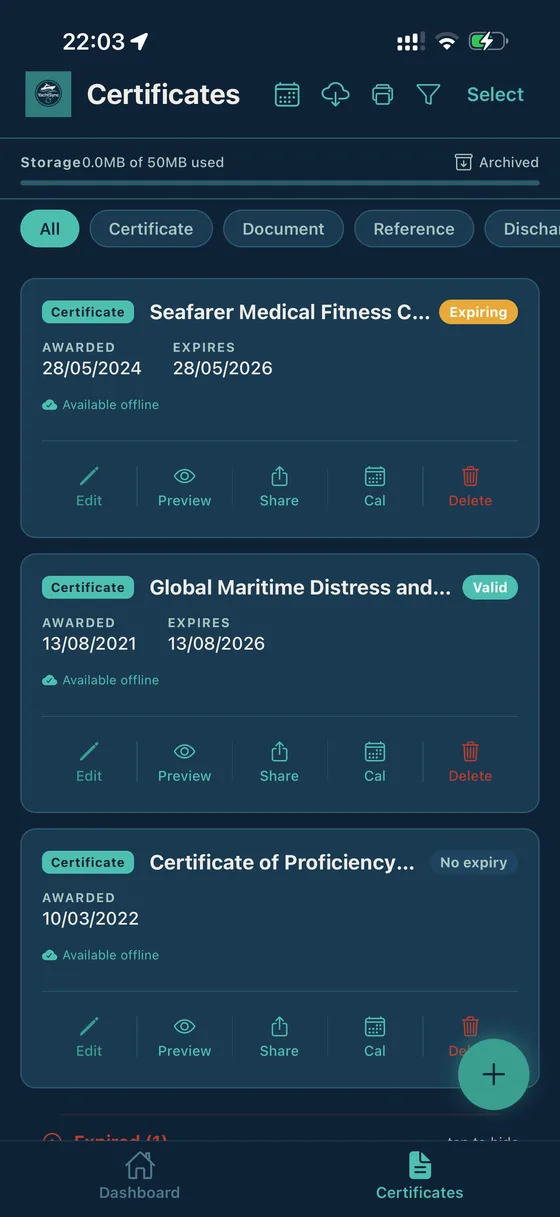 YachtSync certificates list: share in one tap