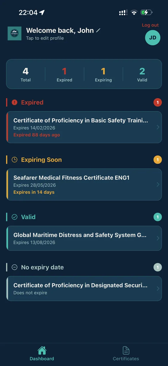 YachtSync dashboard: colour-coded certificate status