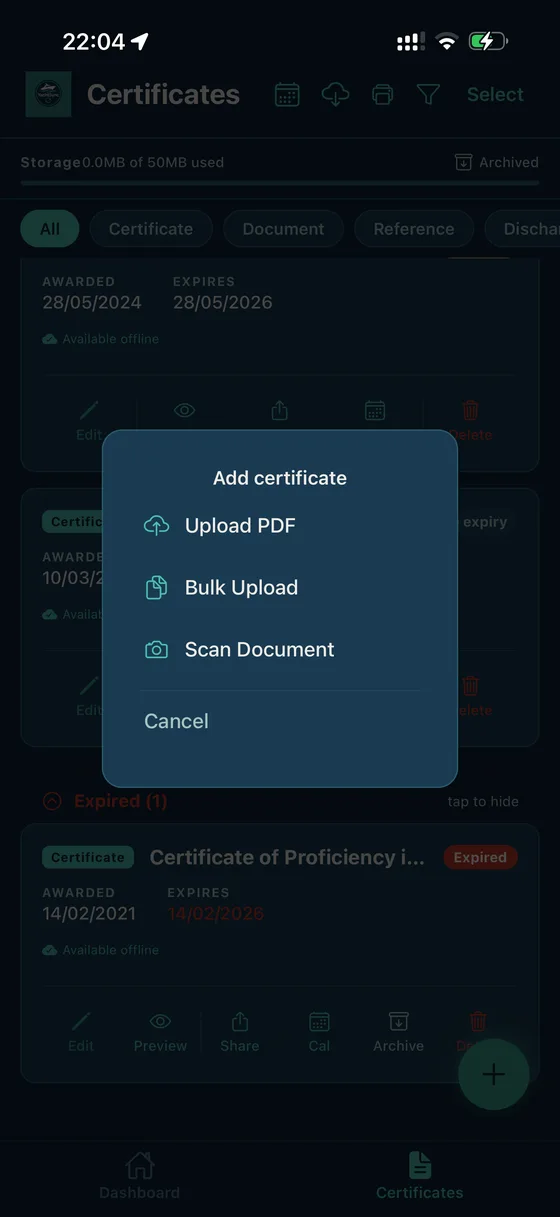 YachtSync: add certificate via scan, upload or bulk import
