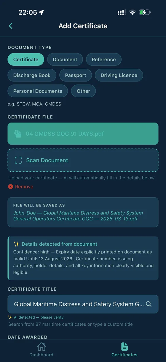 YachtSync naming: auto-generated filename shown before saving