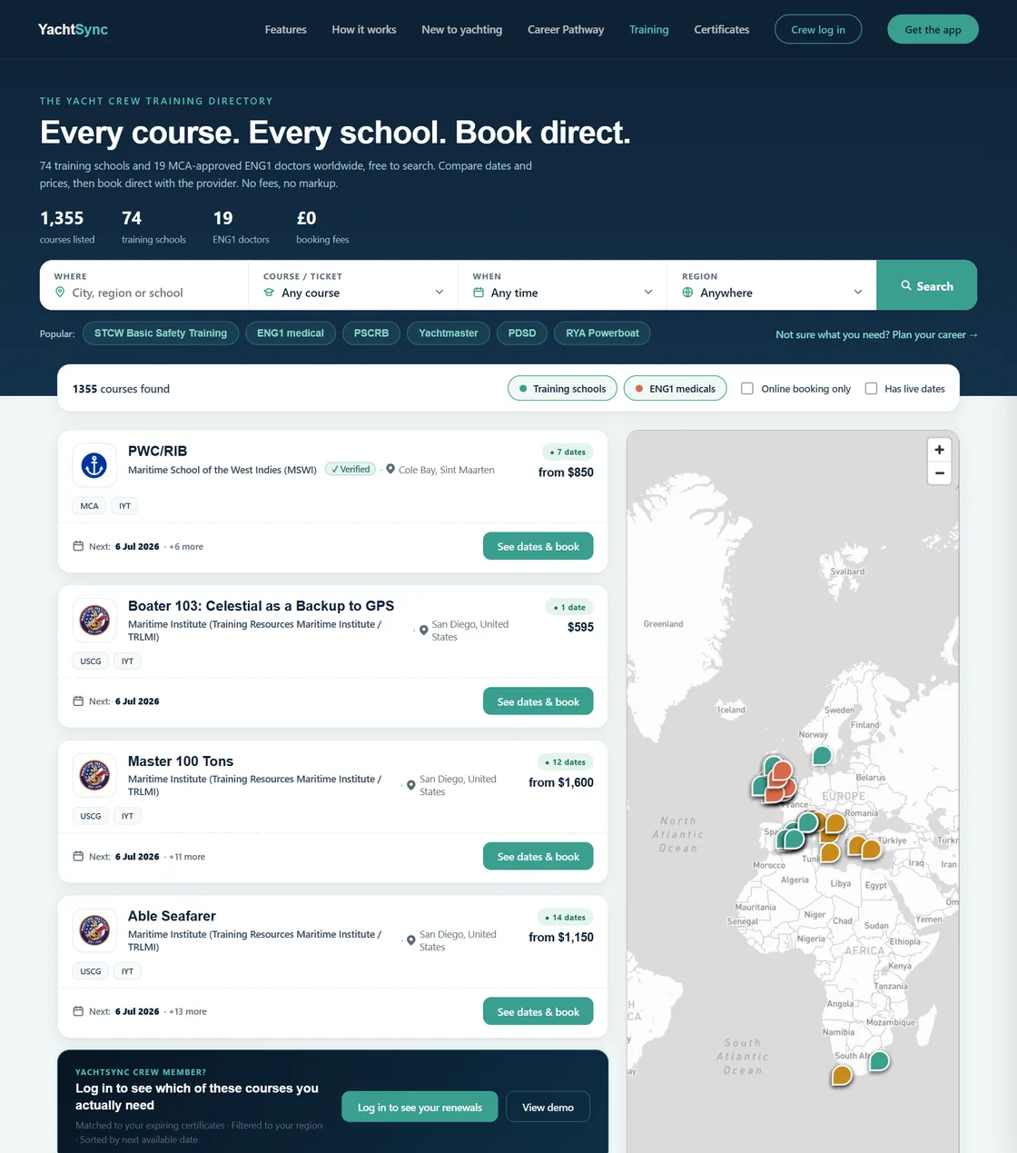 YachtSync training directory: search bar and course cards